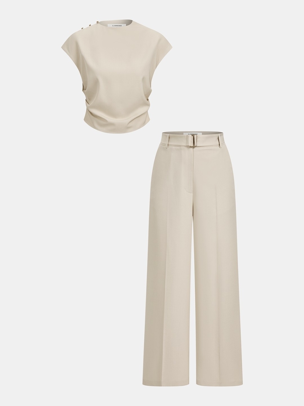 Commense Cream Wide-Leg Trousers with Matching Cap-Sleeve Top